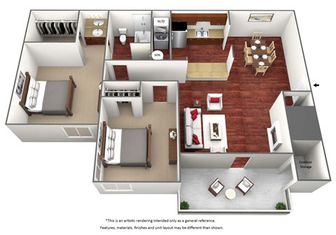 Floor plan for 2 beds, 1 bath, 858 sqft